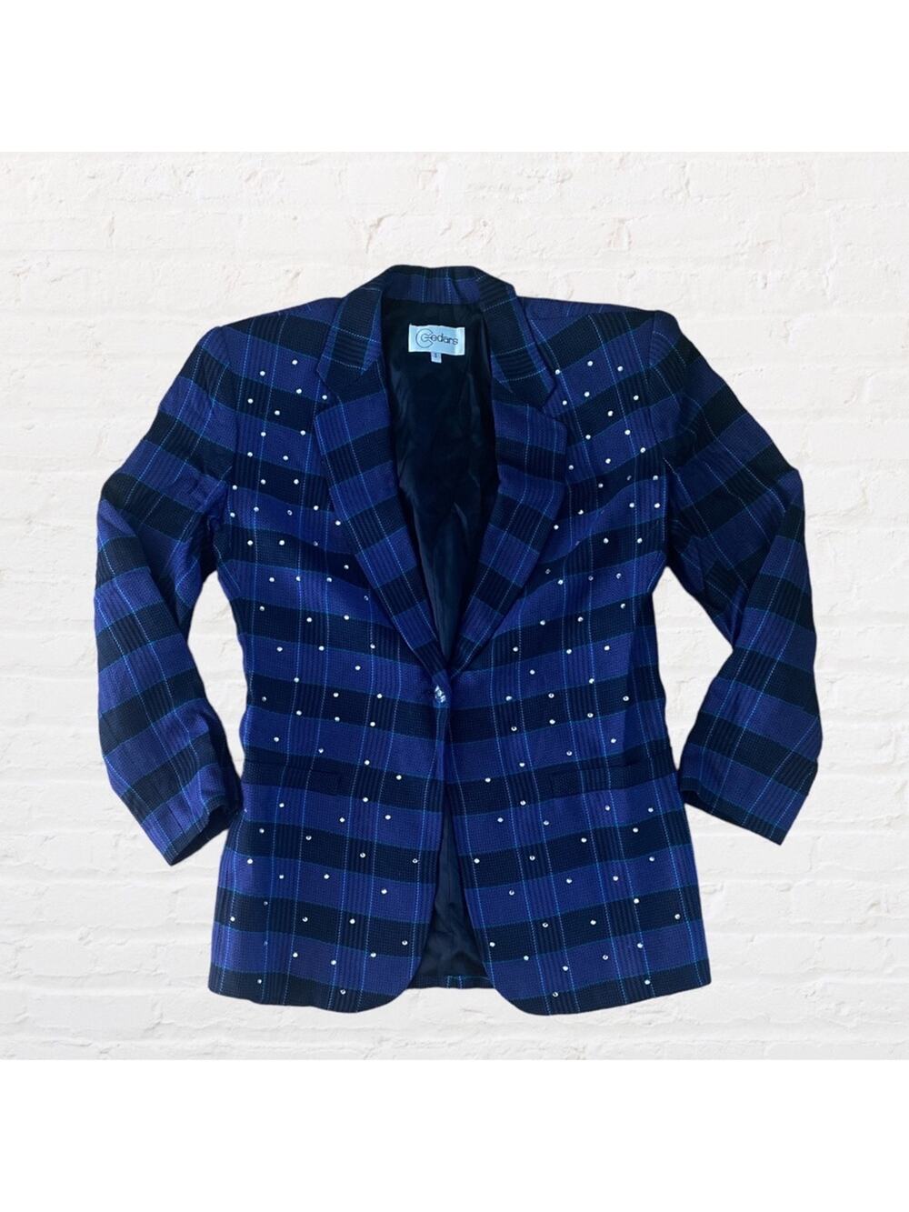 Vintage Cedars purple plaid blazer jacket with rhinestone accent